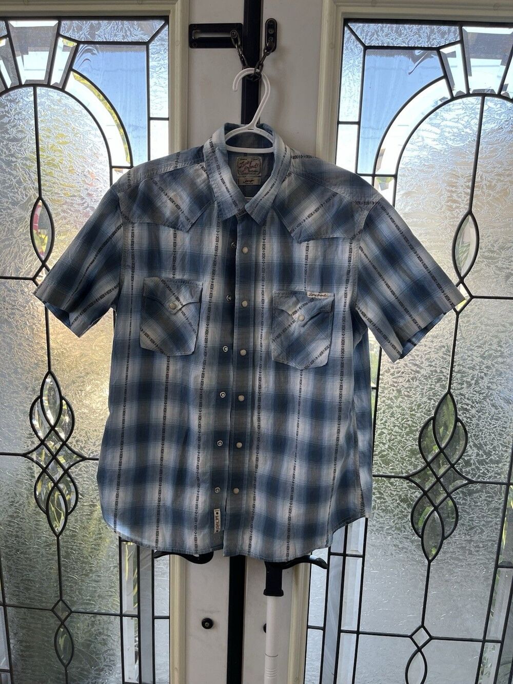 Lucky Brand Men's Polo Shirt Large Blue White Plaid Dungarees America Pearl Snap